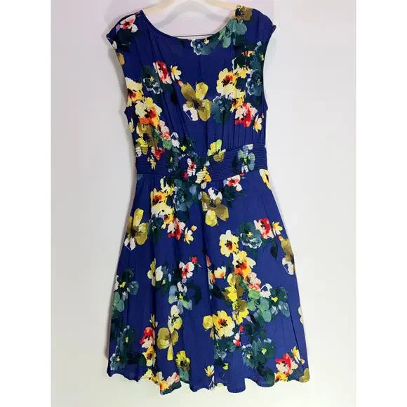 Maeve Floral Dress Women Small Blue Sleeveless Smocked Waist Pockets - Picture 2 of 11